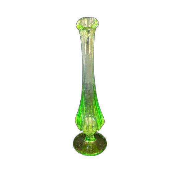 VTG 8” Green Footed Swung Glass Bud Vase Glows Vaseline Glass - Picture 5 of 6